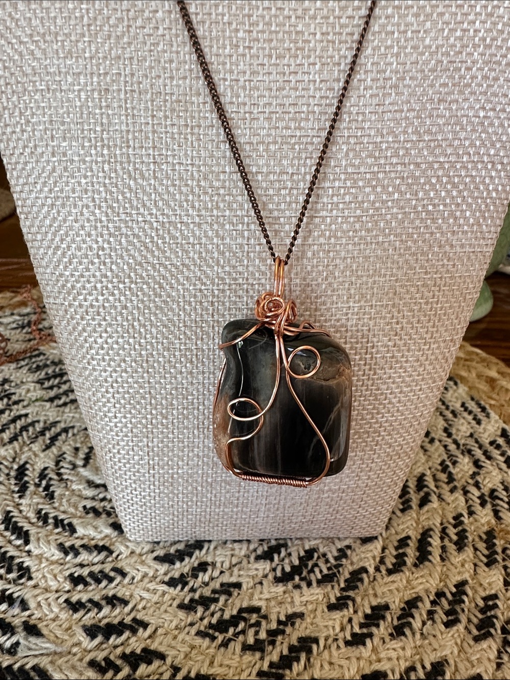 Handcrafted Black Stone Pendant Necklace with Copper Wire Wrap